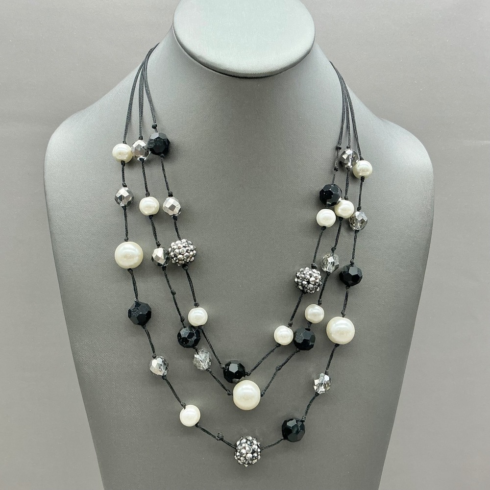 Chico's Necklace Women Black Multi Strand Faux Pearl Beaded Silver Tone 22 Inch